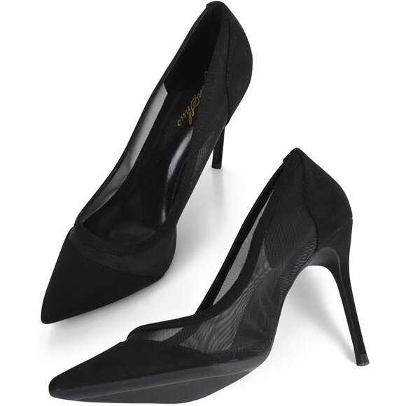 Women Black Mesh Polyurethane Closed Pointed Toe Stiletto High Heel Shoes Pumps - Picture 4 of 10